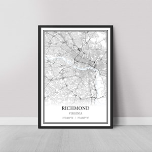 Richmond Virginia Map Poster – Black and White Map Print, Canvas Wall Art