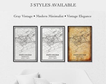State College Pennsylvania Map Poster – City Street Map Wall Art, Housewarming Gift, Canvas Wrap or Print, Gray Vintage, Modern Minimalist
