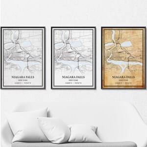 Toile imprimée carte des chutes du Niagara à New York, art mural carte routière moderne ou vintage, carte personnalisée des chutes du Niagara pour décoration de maison ou de bureau