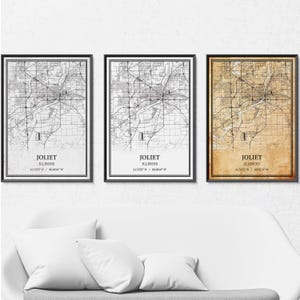 Poster della mappa di Joliet, Illinois – Grigio Vintage, Moderno Minimalista o Vintage Elegance Wall Art, Stampa personalizzata o Tela