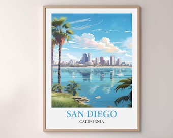 San Diego California Travel Poster, San Diego Wall Art Print, San Diego Skyline Cityscape, Vintage Watercolor San Diego Decor, Travel Gift