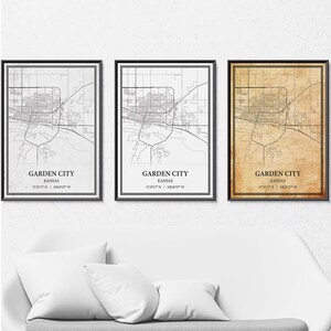 Garden City, Kansas kaartposter – Straat- en wegenkaart, grijze vintage, modern minimalistisch of vintage elegantie, aangepaste print of canvas