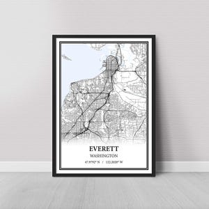 Everett Washington Map Poster – Black and White Map Print, Canvas Wall Art