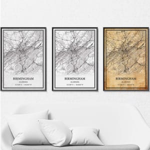 Póster con mapa de Birmingham, Alabama: mapa de calles y carreteras en gris vintage, minimalista moderno o elegancia vintage, impresión personalizada o lienzo