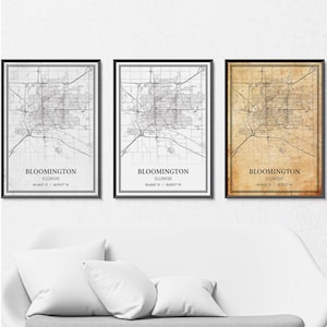 Poster mappa Bloomington, Illinois – Grigio Vintage, Moderno Minimalista o Vintage Elegance Wall Art, Stampa personalizzata o Tela