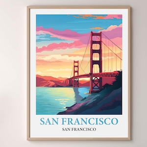 San Francisco California Travel Poster, Golden Gate Bridge Wall Art Print, San Francisco Skyline Cityscape, Vintage Watercolor Decor