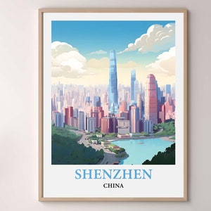 Shenzhen China Travel Poster, Shenzhen Skyline Wall Art Print, Futian District Cityscape Vintage Watercolor Decor, Modern China Travel Gift