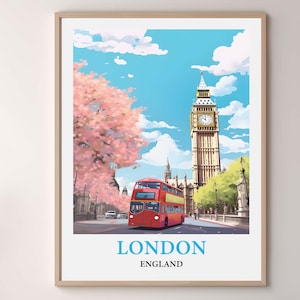 London England Travel Poster, Big Ben Wall Art Print, London Skyline Cityscape, Vintage Watercolor Decor, UK Travel Gift