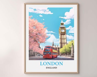 London Travel Poster, Big Ben Watercolor Print, UK Cityscape