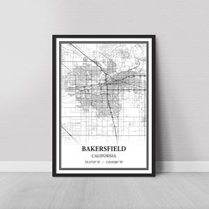 Bakersfield California Map Poster – Black and White Map Print, Canvas Wall Art