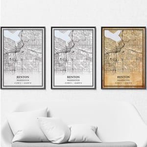 Impression sur toile de carte de Renton Washington, art mural de carte routière moderne ou vintage, carte de Renton personnalisée pour décoration de maison ou de bureau