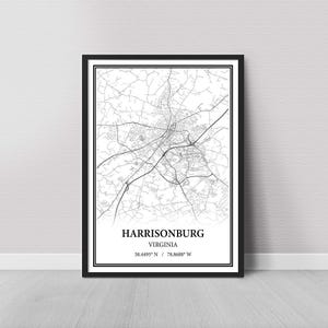 Harrisonburg Virginia Map Poster – Black and White Map Print, Canvas Wall Art