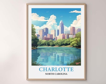 Charlotte North Carolina Travel Poster, Charlotte Skyline Wall Art Print, Charlotte Cityscape, Vintage Watercolor Decor, NC Travel Gift