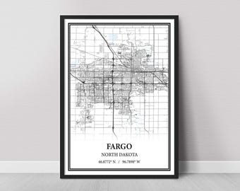 Fargo North Dakota Map Poster – Black and White Map Print, Canvas Wall Art