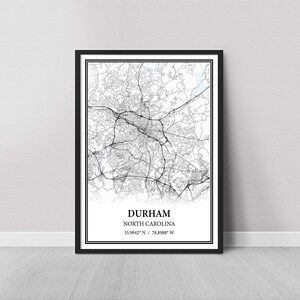 Durham North Carolina Map Poster – Black and White Map Print, Canvas Wall Art