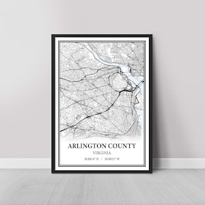 Arlington County Virginia Map Print, Arlington VA Map Poster, Black & White Street Map, Road Map, Arlington County Wall , City Print, Canvas