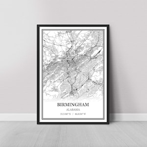 Birmingham Alabama Map Poster – Black and White Map Print, Canvas Wall Art