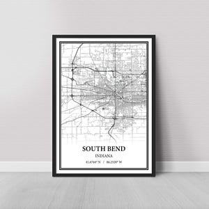 South Bend Indiana Map Poster – Black and White Map Print, Canvas Wall Art