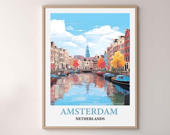 Amsterdam Skyline Poster, Vintage Watercolor Cityscape, Travel Art Print