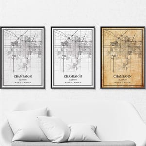 Affiche de carte de Champagne, Illinois - Art mural gris vintage, minimaliste moderne ou élégance vintage, impression personnalisée ou toile