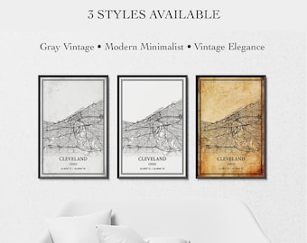 Mappa di Cleveland, Ohio, stampa in grigio vintage, stile minimalista moderno o eleganza vintage, poster o tela