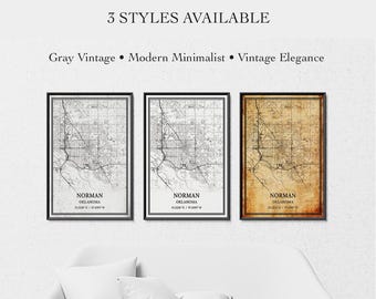 May include: Three framed wall art prints displaying a map of Norman, Oklahoma. The text reads 3 STYLES AVAILABLE, Gray Vintage, Modern Minimalist, Vintage Elegance, NORMAN OKLAHOMA, and the coordinates 35.2226 N / 97.4395 W on each print.
