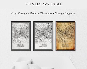Columbia South Carolina Map Poster – City Street Map Wall Art, Housewarming Gift, Canvas Wrap or Print, Gray Vintage, Modern Minimalist