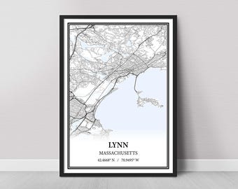Lynn Massachusetts Map Poster – Black and White Map Print, Canvas Wall Art