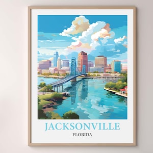 Jacksonville Florida Travel Poster, Jacksonville Skyline Wall Art Print, Jacksonville Cityscape, Vintage Watercolor Decor, Florida Travel