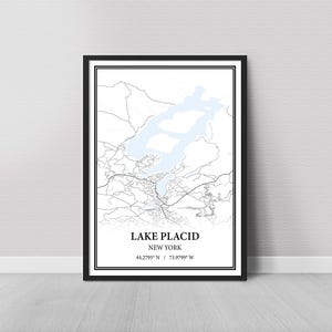 Lake Placid New York Map Poster – Black and White Map Print, Canvas Wall Art
