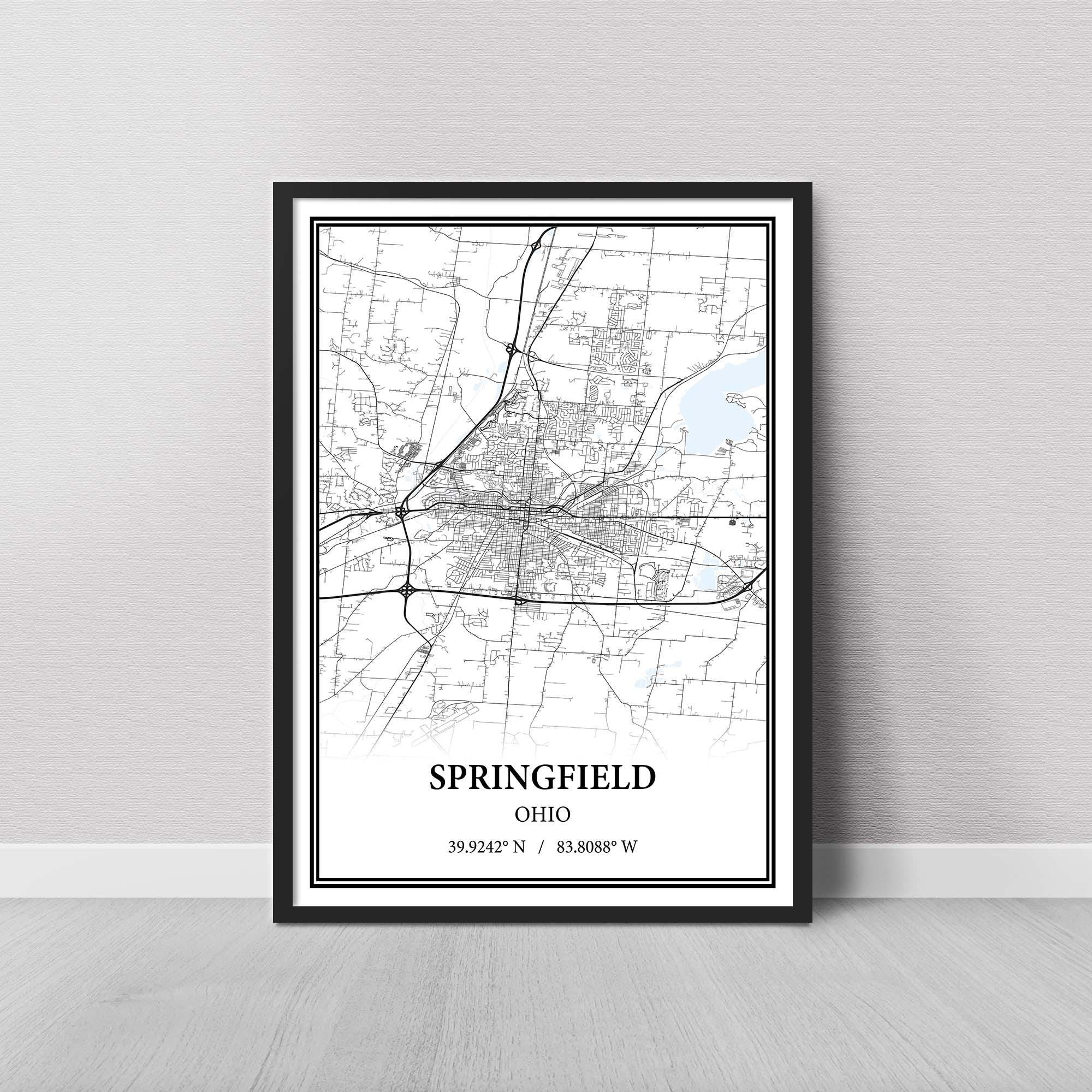 Springfield Ohio Map Poster – Black and White Map Print, Canvas Wall ...