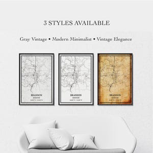 Branson Missouri Map Poster – City Street Map Wall Art, Housewarming Gift, Canvas Wrap or Print, Gray Vintage, Modern Minimalist