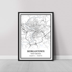 Morgantown West Virginia Map Poster – Black and White Map Print, Canvas Wall Art