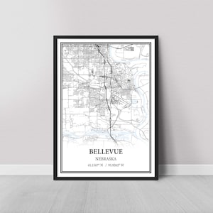 Bellevue Nebraska Map Poster – Black and White Map Print, Canvas Wall Art