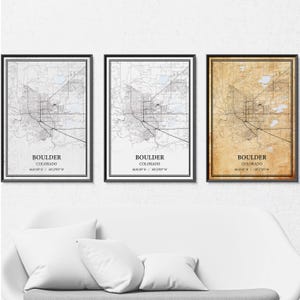 Affiche de carte de Boulder, Colorado - Art mural gris vintage, minimaliste moderne ou vintage élégance, impression personnalisée ou toile