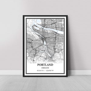 Póster del mapa de Portland, Oregón: Impresión en blanco y negro, lienzo decorativo para pared