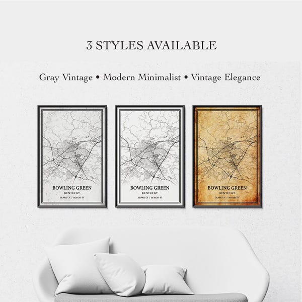 Carte de Bowling Green, Kentucky – Affiche vintage en noir et blanc, impression sur toile ou poster
