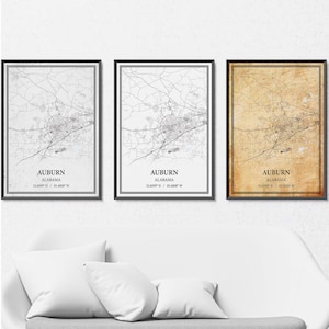 Affiche de carte d'Auburn, Alabama - Carte des rues et des routes en gris vintage, minimalisme moderne ou élégance vintage, impression personnalisée ou toile