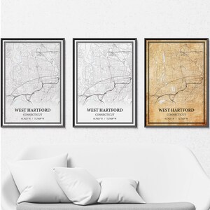Affiche de carte de West Hartford, Connecticut - Art mural gris vintage, minimaliste moderne ou élégance vintage, impression personnalisée ou toile