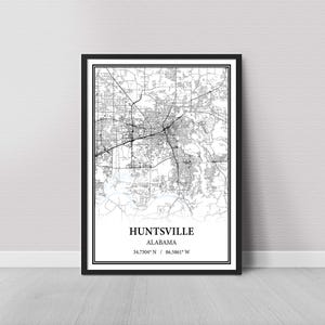 Poster con mappa di Huntsville, Alabama - Stampa mappa in bianco e nero, stampa su tela