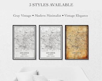 Ann Arbor Michigan Map Poster – City Street Map Wall Art, Housewarming Gift, Canvas Wrap or Print, Gray Vintage, Modern Minimalist