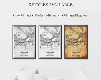 Madison Wisconsin Map Poster – City Street Map Wall Art, Housewarming Gift, Canvas Wrap or Print, Gray Vintage, Modern Minimalist
