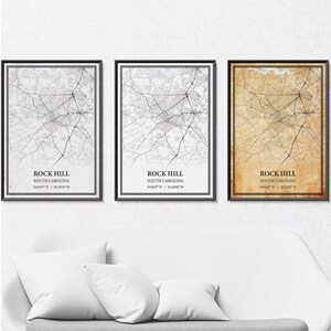 Toile imprimée carte Rock Hill en Caroline du Sud, art mural carte routière moderne ou vintage, carte Rock Hill personnalisée pour décoration de maison ou de bureau