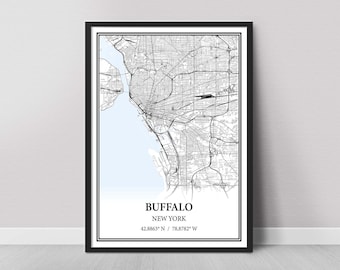 Buffalo New York Map Poster Print Canvas, Modern or Vintage Road Map Wall Art, Custom Buffalo Map for Home or Office Decor