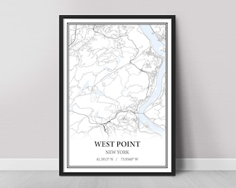 Póster del mapa de West Point, Nueva York: impresión en blanco y negro, lienzo decorativo para pared