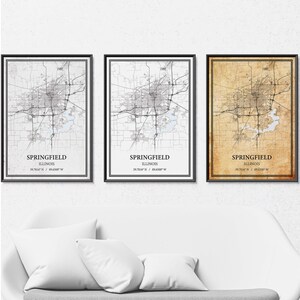 Affiche de carte de Springfield, Illinois - Art mural gris vintage, minimaliste moderne ou élégance vintage, impression personnalisée ou toile