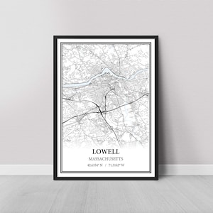 Lowell Massachusetts Map Poster – Black and White Map Print, Canvas Wall Art