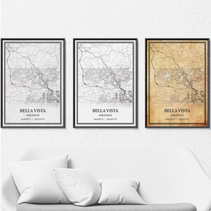 Affiche de carte Bella Vista Arkansas - Styles gris vintage, minimaliste moderne ou élégance vintage, art mural rue et carte routière