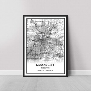 Kansas City Missouri Map Poster – Black and White Map Print, Canvas Wall Art