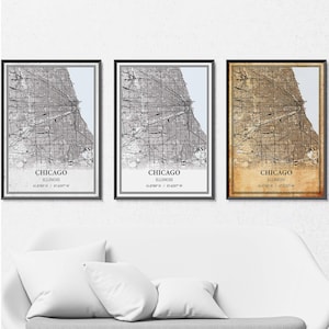 Kaartposter Chicago (Illinois) – grijze vintage, modern minimalistisch of vintage elegantie muurkunst, aangepaste print of canvas